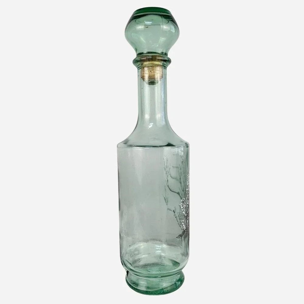 1960s MCM Art Glass Decanter Painted Blossom Branch